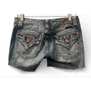 Vintage Y2K Miss Me Bamboo Embroidered Size 27 Distressed Denim Blue Shorts